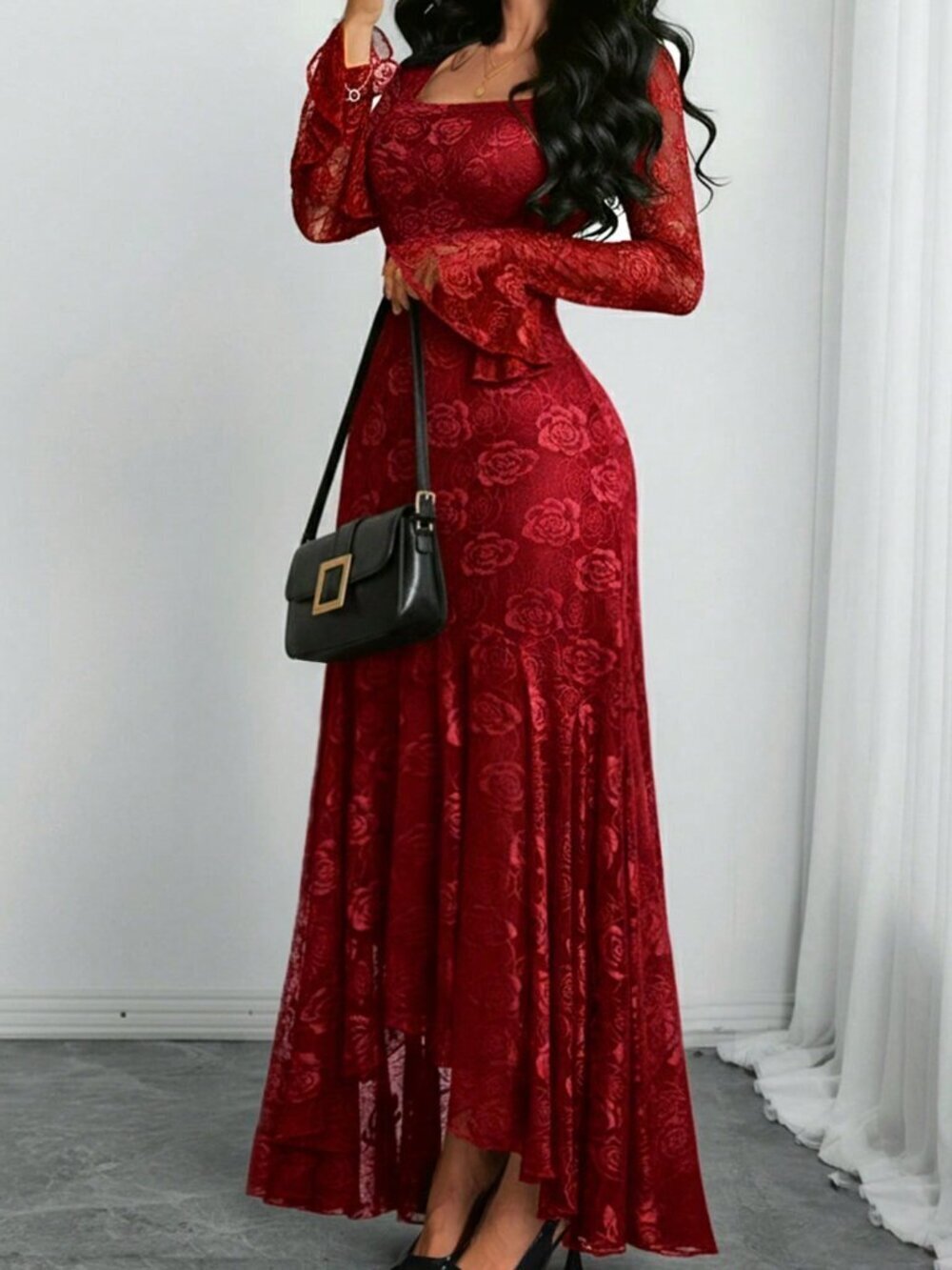 Burgundy Elegant Romantic Women's Lace Double-Layer Sleeve Asymmetric Hem Dress